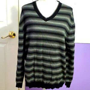Claiborne Black & Gray Striped V-neck Long Sleeve Loose Unisex Sweater M